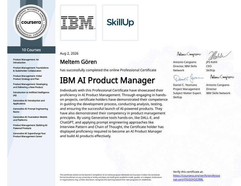 IBM AI Product Manager sertifikası, Meltem Gören, 2 Ağustos 2026