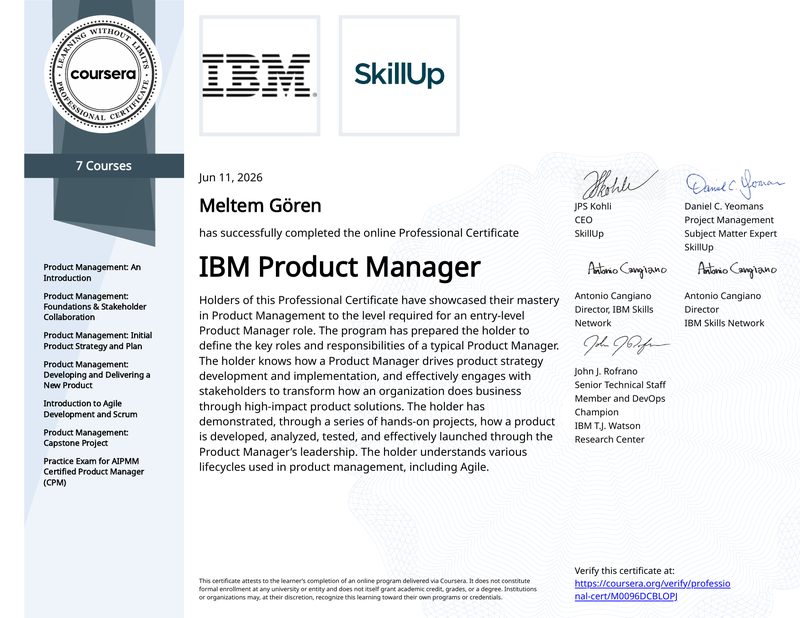IBM Product Manager sertifikası, Meltem Gören, 11 Haziran 2026