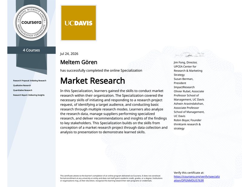 Market Research sertifikası, University of California Davis, Meltem Gören, 24 Temmuz 2026